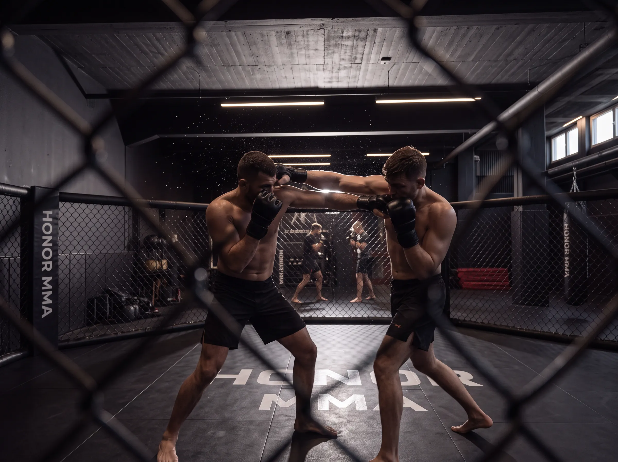 MMA-Sparring im Cage, durch das Gitter fotografiert